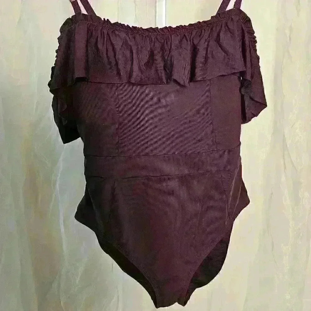 Bleu Rod Beattie Deep Purple Swimsuit - Size Medium, with Ruffled Top
